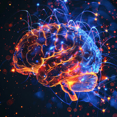 Obraz premium brain in colors with energy in the form of ai, on a black background in blue-orange lights