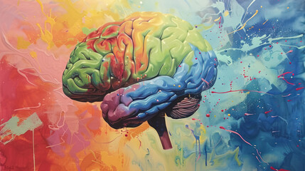 brain in colors with energy in the form of ai, on a black background in blue-orange lights