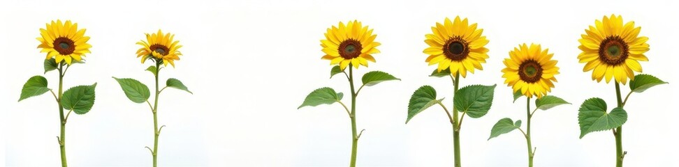 Obraz premium isolated sunflower with multiple stems and leaves on white background, multiple blooms, close-up