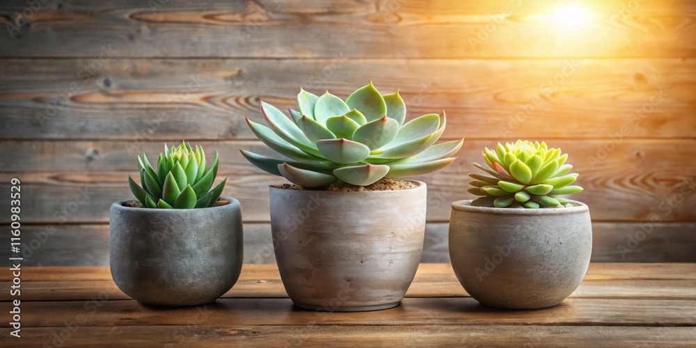 Poster succulent plants in rustic grey pots on a wooden table with sunbeams streaming through a window