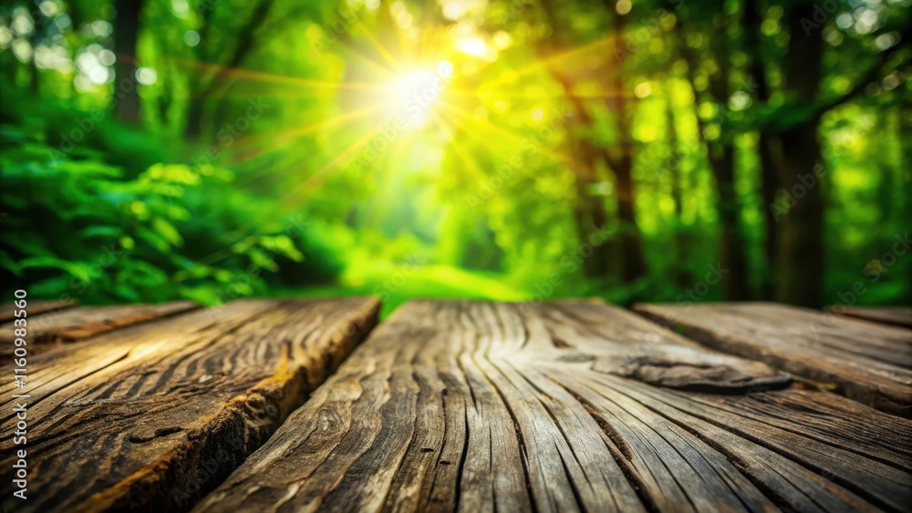 Poster a rustic wooden table top with a blurred background of lush greenery and sunbeams shining through th