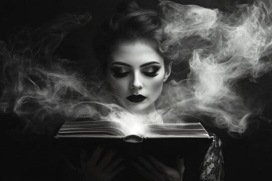 A surreal gothic scene of a person reading a glowing book in a dark room, with shadows coming alive and forming fantastical shapes