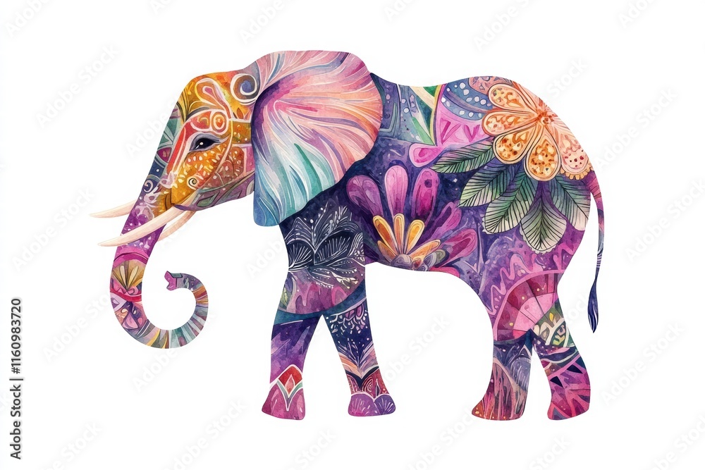 Poster Colorful elephant illustration with decorative patterns and ample copy space for text placement. Generative AI