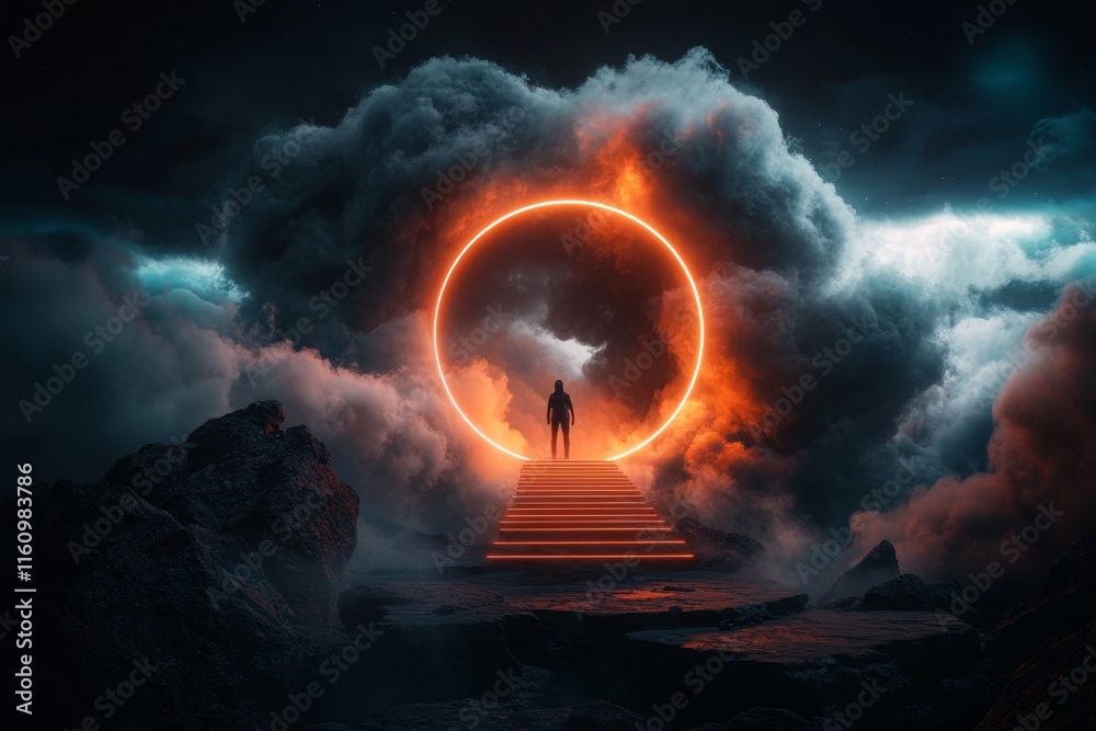 Poster a surreal image of a person standing on a bridge made of light, stretching into the cosmos, represen