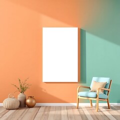 Minimalist Living Room with Blank Canvas Mockup: A stylish living room with a blank canvas mockup, perfect for showcasing your art or design. The room features a light blue armchair, two golden vases.