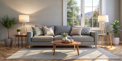 Fototapeta premium A cozy living room with a grey sofa, wooden coffee table, and natural light streaming through the window