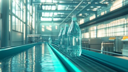 Fototapeta premium Bottling plant - Water bottling line for processing and bottling carbonated water into bottles. Selective focus. 