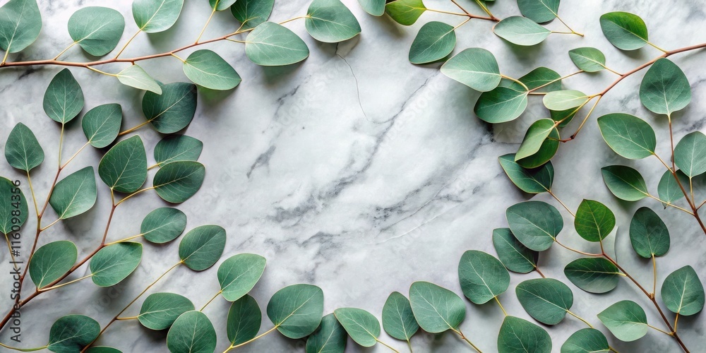 Poster a vibrant display of eucalyptus leaves arranged in a circular formation against a backdrop of polish