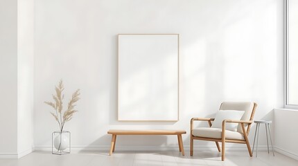 Minimalist Living Room Mockup: A sleek, modern living room with a blank canvas for your design, showcasing a stylish armchair, wooden coffee table, and natural elements.