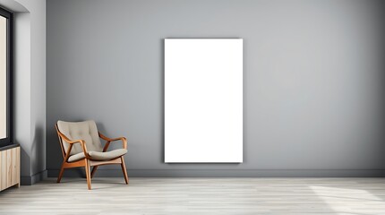 Modern Minimalist Living Room Mockup:  A stylish armchair in a minimalist living room setting with a large blank canvas, perfect for showcasing your artwork or design projects.  