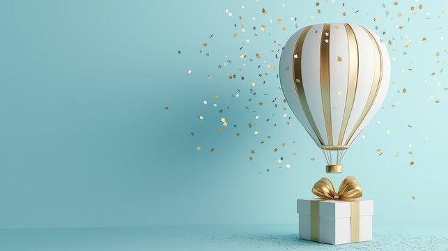 Festive 3D Hot Air Balloon with White and Gold Stripes and Gold Ribbon Above a Gift Box Surrounded by Confetti on Light Blue Background, Ideal for New Year and Holiday Party Designs.