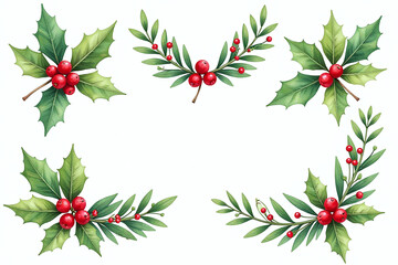 vibrant watercolors christmas decorations white background featuring spruce mistletoe flowers berries