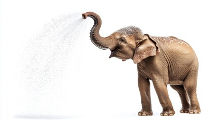 Obraz premium Young Elephant Spraying Water, Isolated on White Background