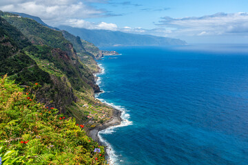 Scenic panoramic view from Miradouro da Vigia on a summer morning, Sao Jorge, Madeira island, Portugal.