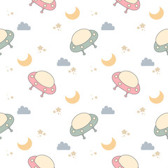 UFO green and pink cartoon so cute. On star moon cloud white background. Pattern seamless vector illustration. 
