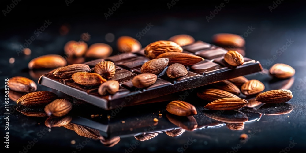 Poster A close-up shot of a dark chocolate bar with almonds, creating a tempting display of sweet indulgence.