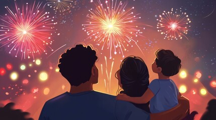 Happy Family Watching Fireworks Display at Night