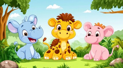 Naklejka premium Three Smiling Baby Animals in Jungle Setting - Cute Cartoon Friends