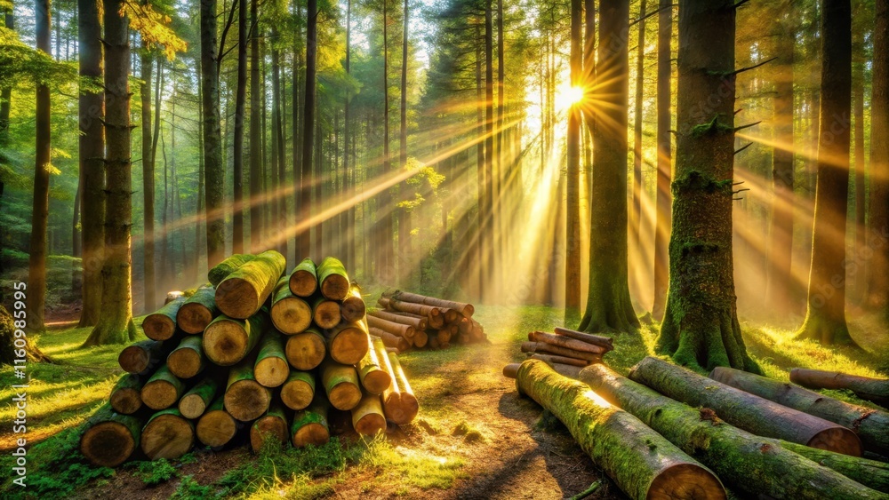 Poster sunbeams pierce through the dense forest canopy, illuminating a clearing with a stack of freshly cut