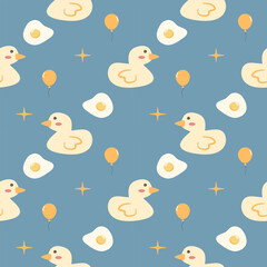 Duck cartoon so cute. On balloon fried egg background. Pattern seamless vector illustration. 