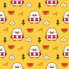 Duck and swim ring cartoon so cute. On tree cloud watermelon yellow background. Pattern seamless vector illustration. 