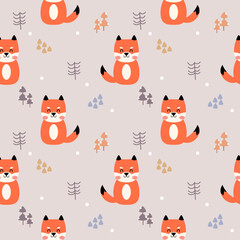 Fox smile cartoon so cute. On tree mountain snow background. Pattern seamless vector illustration. 