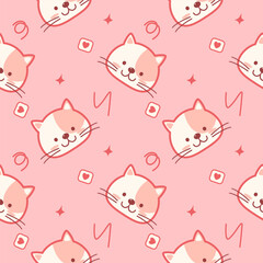 Face cat cartoon so cute. On heart pink background. Pattern seamless vector illustration. 
