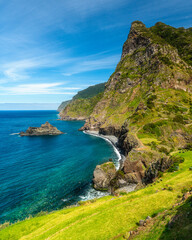 Scenic panoramic view from Miradouro de Sao Cristovao on a summer morning, Madeira island, Portugal.