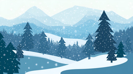 Obraz premium Winter landscape with snowy mountains and evergreen trees in a serene blue palette