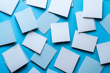 Collection of blank square papers scattered on a bright blue surface creating an artistic design