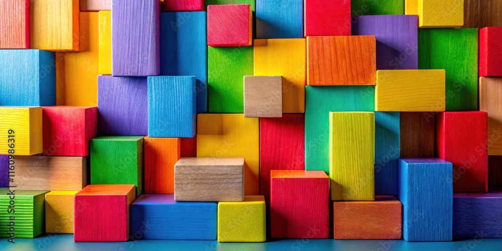 Aufkleber A colorful and playful arrangement of wooden blocks stacked in a random pattern, showcasing vibrant hues and diverse textures.