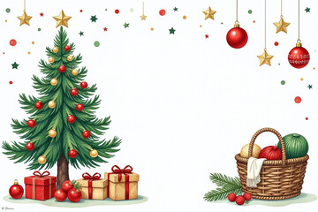 vintage watercolor gift pattern featuring christmas tree knitting basket festive items plain white