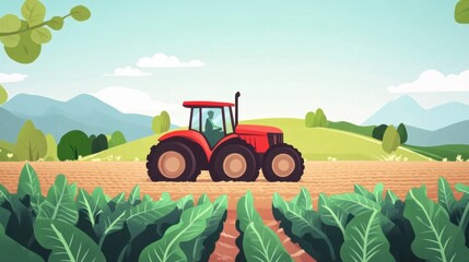 Farmer Smiling, Driving Tractor on Farmland