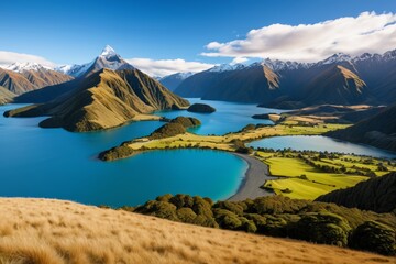 mountains and lakes in the distance with a blue sky and clouds