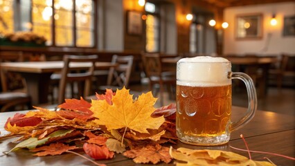 Autumn leaves and foam-topped beer in cozy pub setting