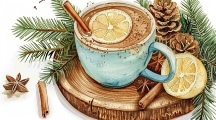 Christmas hot cocoa with cinnamon, lemon, and pine cones 