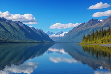 Fototapeta premium mountains are reflected in the water of a lake with a few trees
