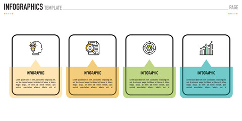 Rectangular infographic template or element with 4 step, process, option, colorful rectangle, icons, triangle, paper origami, button, tag, circle, circular, square bar for sale slide, internet planner