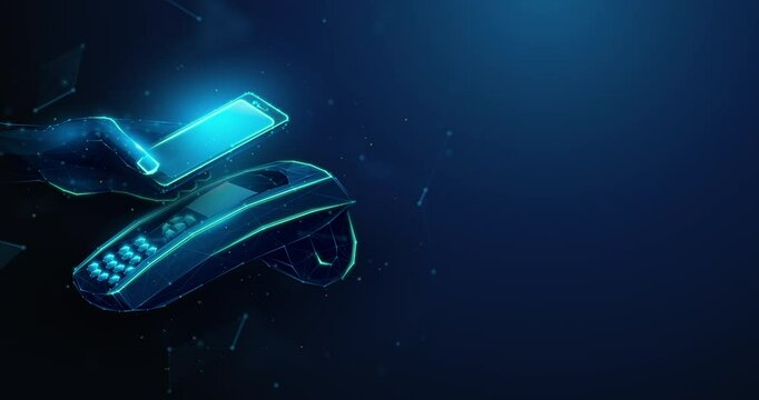 Abstract looped animation of low poly customer hand paying using NFC technology with phone. Contactless payment, NFC near field communication technology animated concept on blue background.