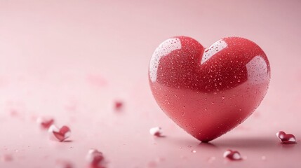 Obraz premium Dew-Kissed Red Heart, Valentine's Day, Romantic, Pink Background