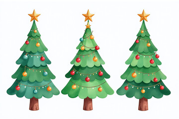 watercolor cartoon christmas trees hand drawn set decorations isolated white