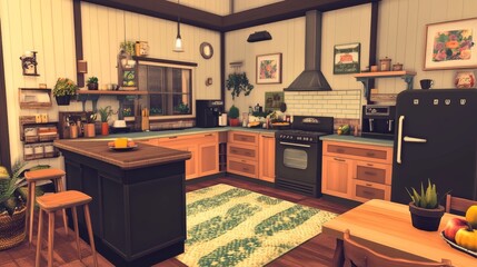 3d rendering modern kitchen fully parametric furniture