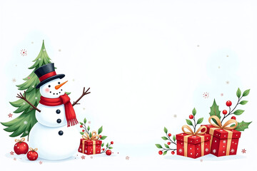 watercolor christmas design features snowman tree gift boxes floral elements white background holiday winter