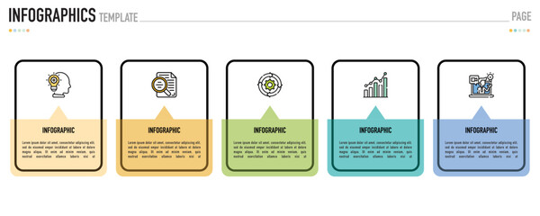 Rectangular infographic template or element with 5 step, process, option, colorful rectangle, icons, triangle, paper origami, button, tag, circle, circular, square bar for sale slide, internet planner