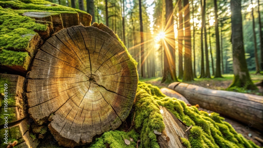 Poster The Golden Hour Casts a Glow on a Moss-Covered Tree Trunk in a Tranquil Forest Setting