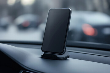 Smartphone mockup on a car dashboard mount for navigation and connectivity