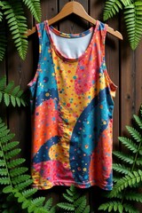 Naklejka premium Tank top with abstract patterns against a rustic wooden backdrop featuring ferns and moss, tank top, greenery