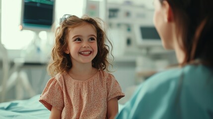 Obraz premium Happy Child Smiling at Healthcare Professional in Hospital Room