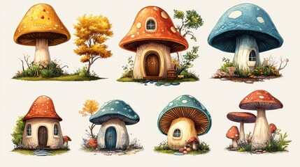 Fototapeta premium Colorful mushroom-shaped fairy houses surrounded by natural scenery isolated on white background, evoking a whimsical and enchanting fairytale ambiance.