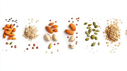 Peanut, almond nut, raisins, sunflower and green pumpkin seeds isolated on white background. Package design element with clipping path